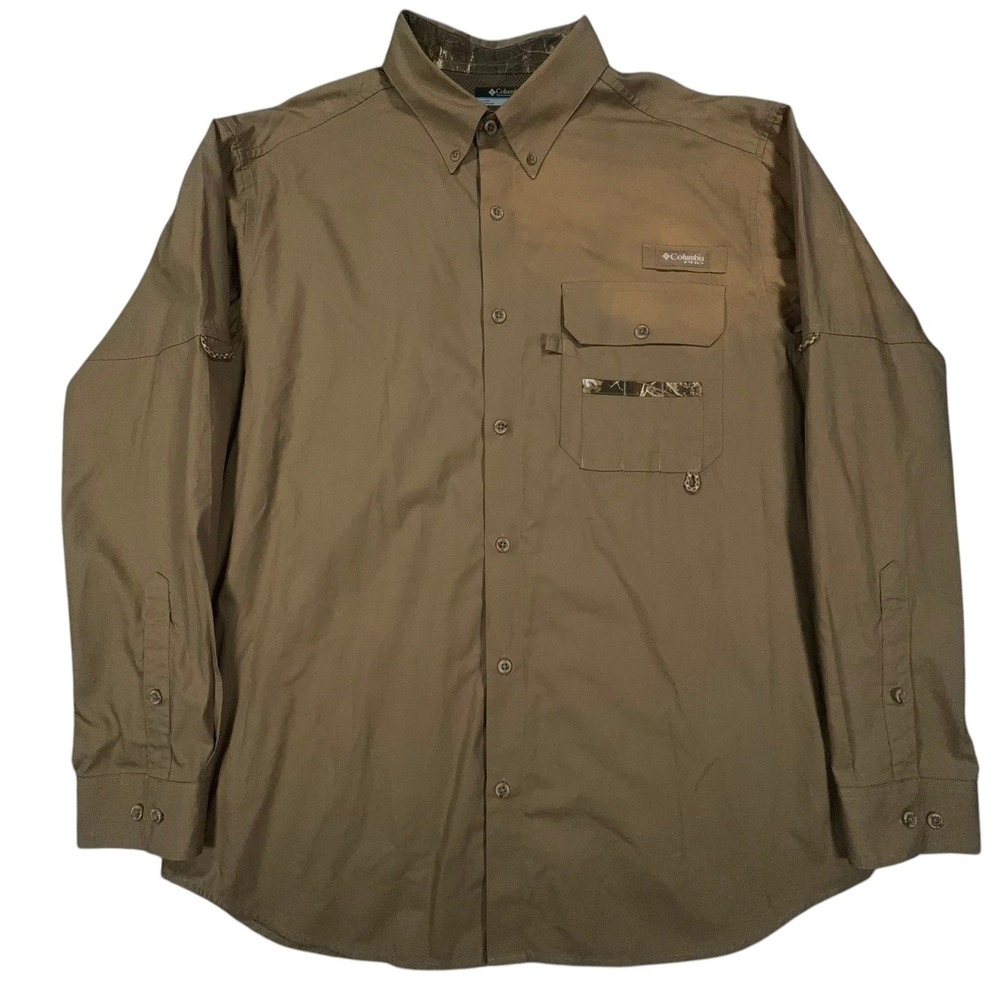 Columbia PHG Performance Hunting Shirt Mens L Tan Camo Trim Vented Back